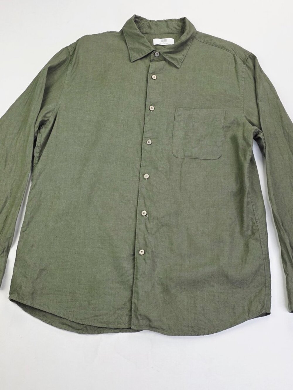 Uniqlo Army Green Linen Mens Size Large Long Sleeve Spread Collar Pocket Shirt